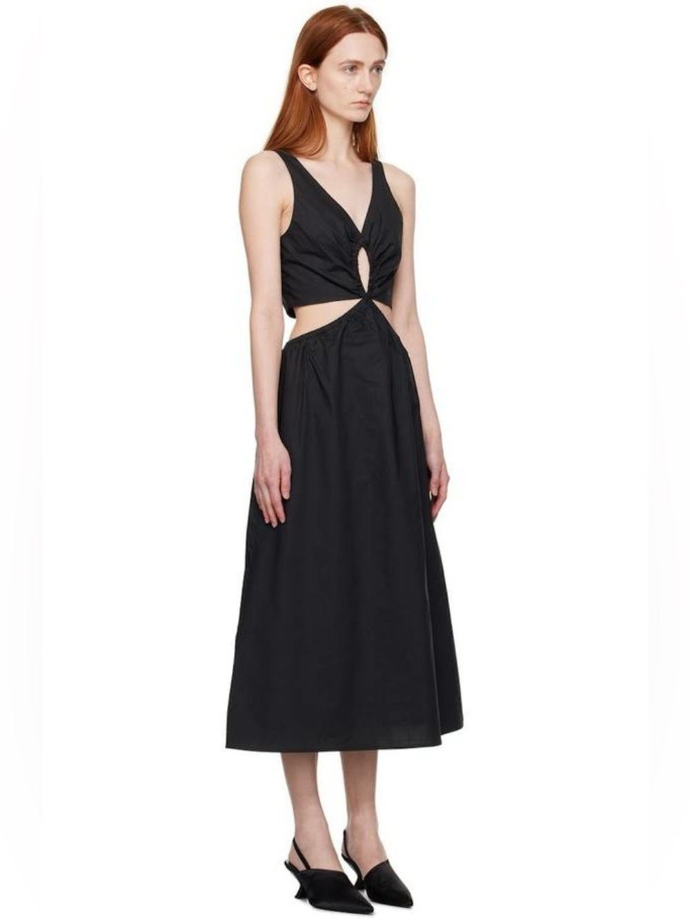 NWT Anine Bing Dione Midi Dress Black Cut Out V Neck Cotton Poplin Minimalist